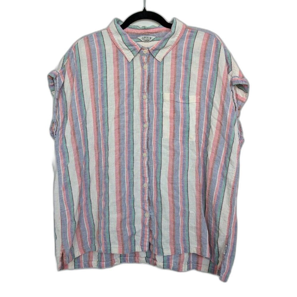 Orvis Boxy Linen Blend Colorful Striped Collared Button Up Short Sleeve Sz XL
